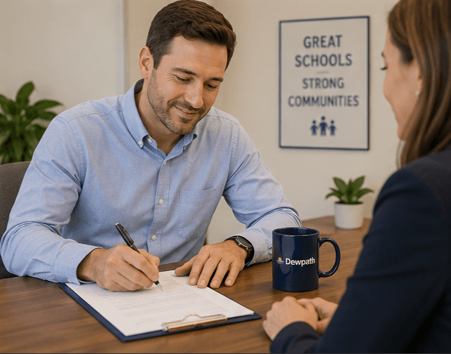 A district administrator signing purchasing paperwork